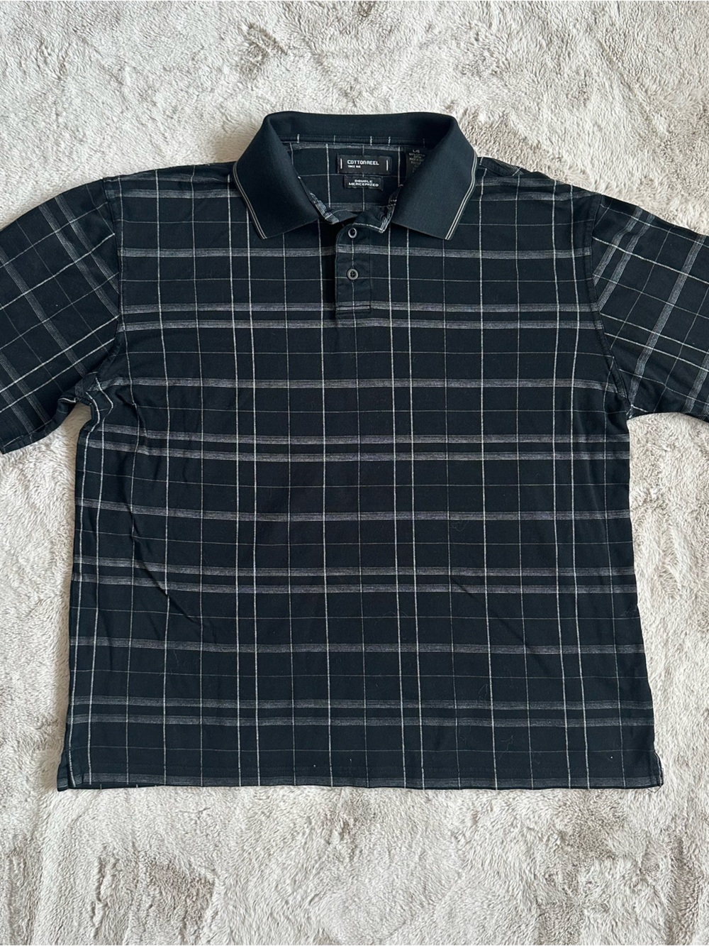 Cotton Reel Vintage Black & White Plaid Polo, Size L